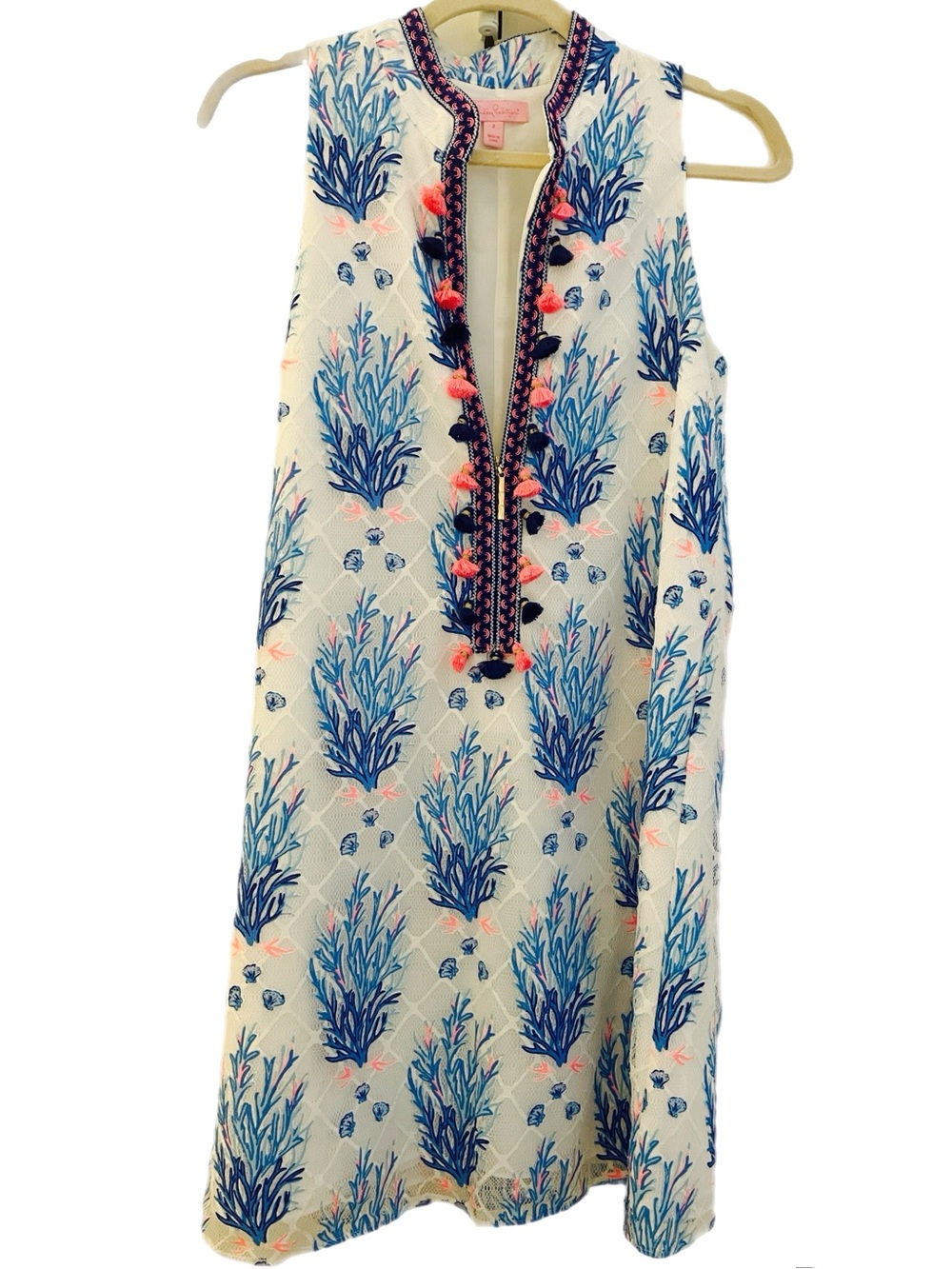 Lilly Pulitzer Jane Shift Seaspray White Dress with Blue and Pink Trim 2 EUC